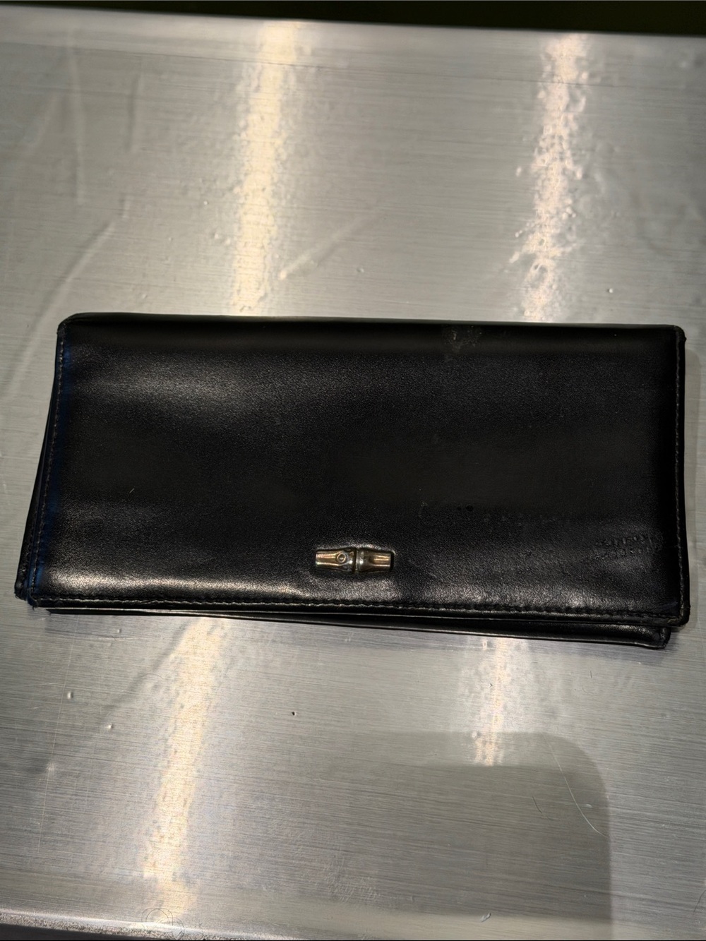 Vintage Longchamp Black Leather Continental Wallet with Gold Accent